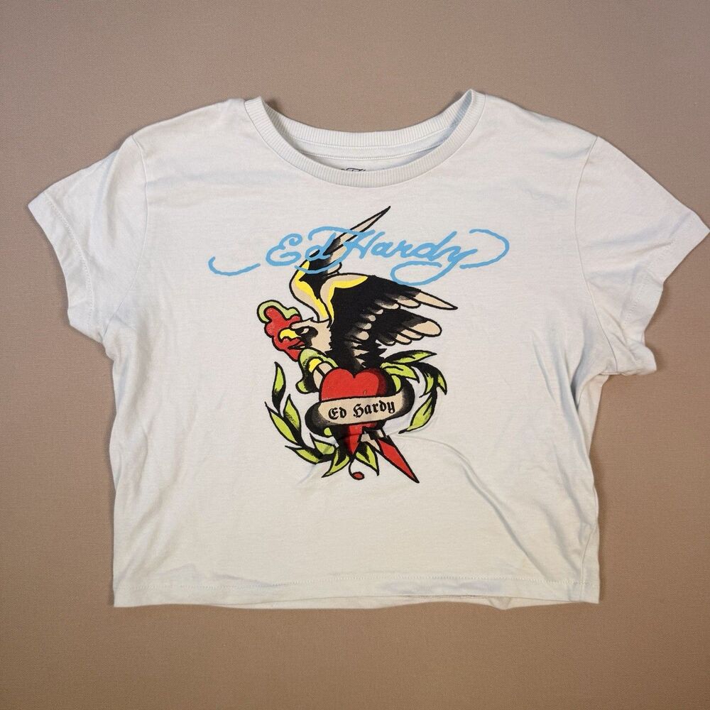 Ed Hardy Cropped Baby Tee Short Sleeve T Shirt Light Blue Size Large